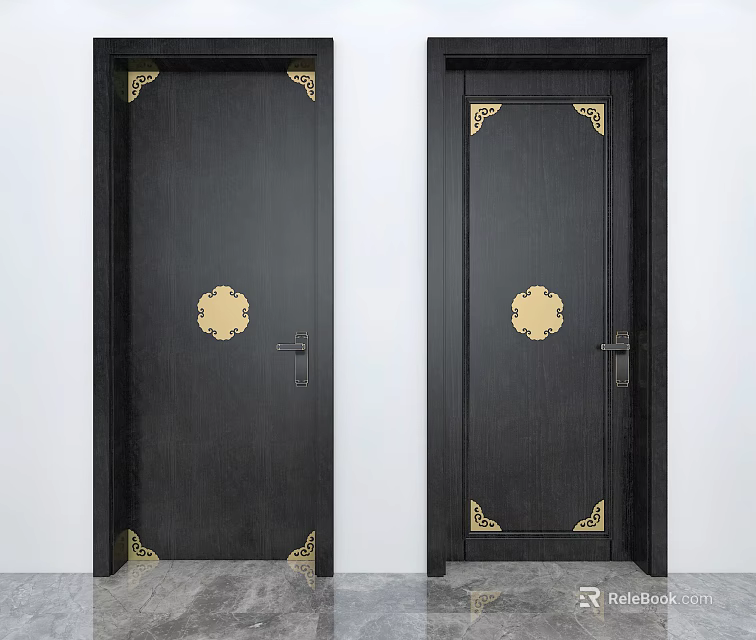 Elegant Black Hinged Doors with Gold Decorative Emblems and Corner Accents 3d model