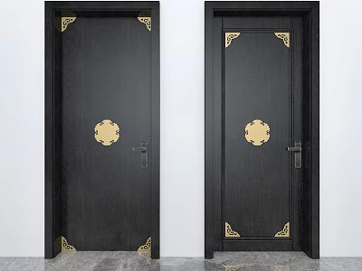 Elegant Black Hinged Doors with Gold Decorative Emblems and Corner Accents 3d model