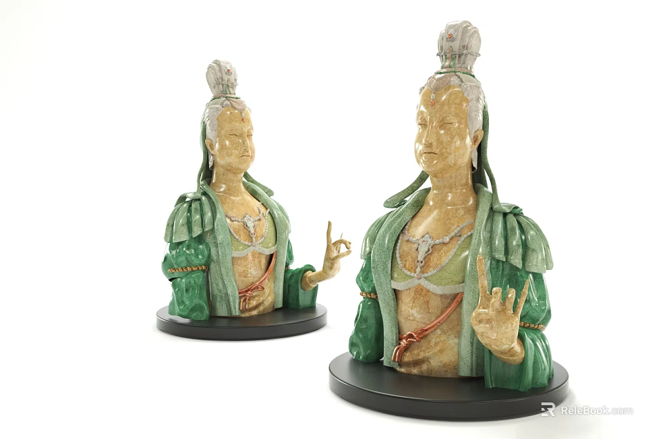 Exquisite Carved Figure Sculptures with Green Robes and Topknots on Black Bases 3d model 