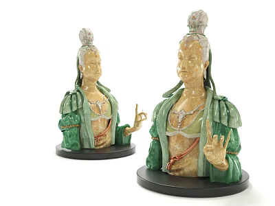 Exquisite Carved Figure Sculptures with Green Robes and Topknots on Black Bases 3d model