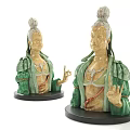 Exquisite Carved Figure Sculptures with Green Robes and Topknots on Black Bases