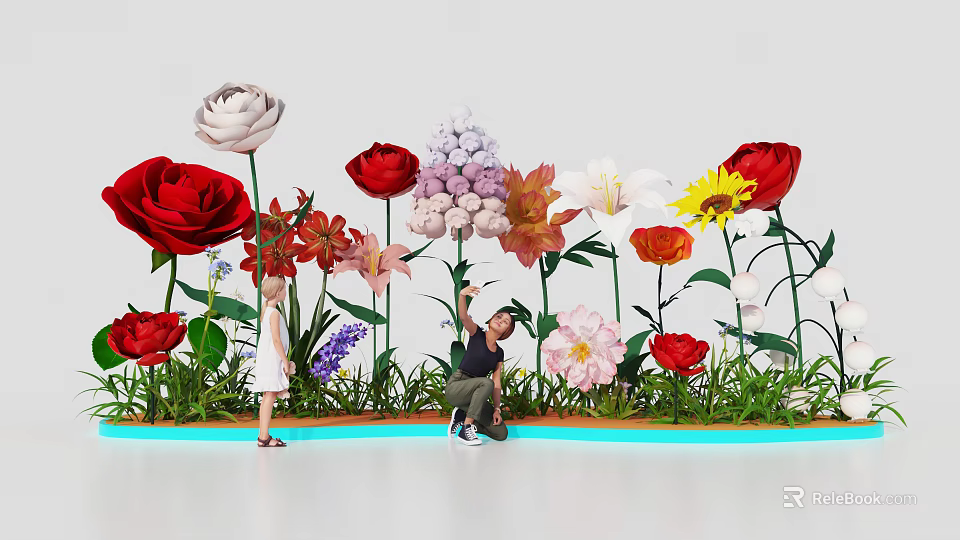 Giant Colorful Flowers In Vibrant Garden With Kids Playing On Green Grass 3d model 