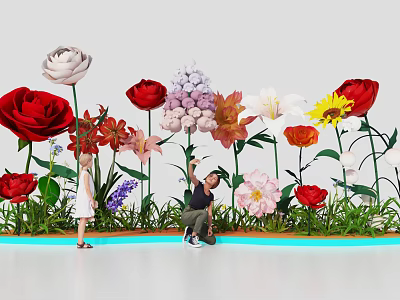 Giant Colorful Flowers In Vibrant Garden With Kids Playing On Green Grass 3d model