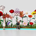 Giant Colorful Flowers In Vibrant Garden With Kids Playing On Green Grass