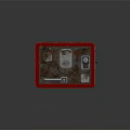 Vintage Small Building With Red Roof Blue Door Grid Windows And Roof Appliances
