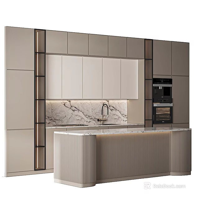 Modern Kitchen Design With Beige Cabinets Marble Backsplash And Island Counter 3d model 