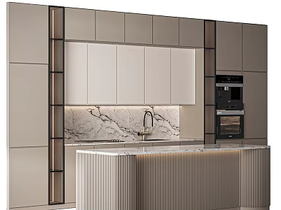 Modern Kitchen Design With Beige Cabinets Marble Backsplash And Island Counter 3d model
