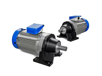 Two Industrial Electric Motors With Blue Covers Silver Bodies Black Bases And Metal Shafts 3d model