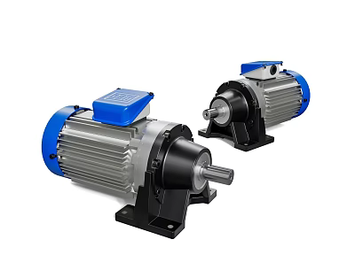 Two Industrial Electric Motors With Blue Covers Silver Bodies Black Bases And Metal Shafts 3d model