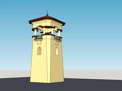 Two Story Yellow Tower With Upper Balcony Dark Roof And Spire 3d model