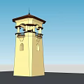 Two Story Yellow Tower With Upper Balcony Dark Roof And Spire