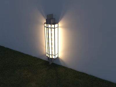 Modern Outdoor Wall Light With Grid Design Illuminating White Wall And Grass Area 3d model