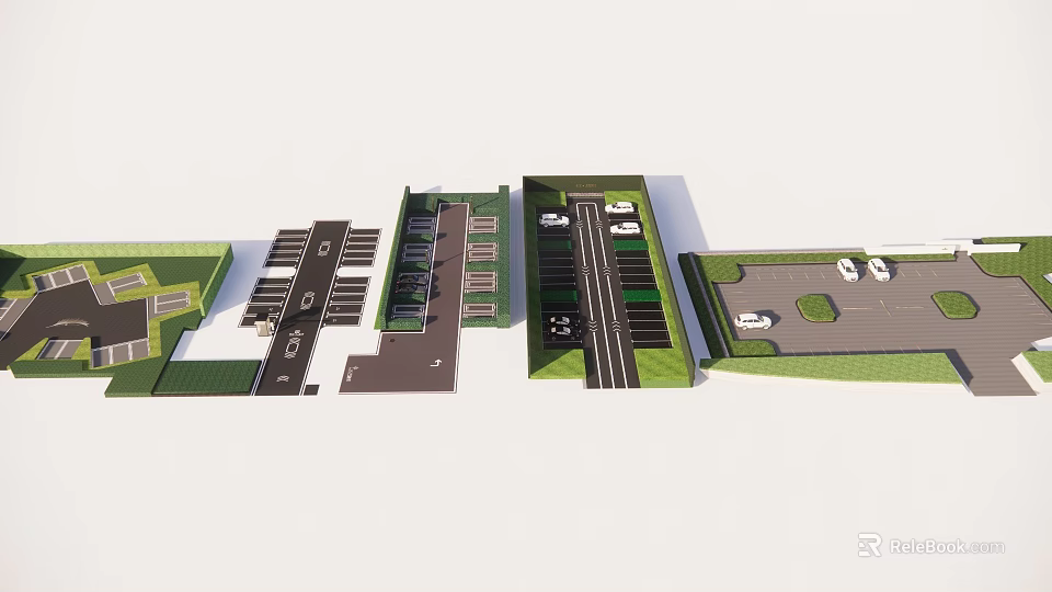 Detailed Parking Lot Layout Design With 3D Models And Vehicle Spaces 3d model 