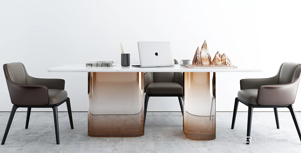 Modern Dining Table Set With Copper Gradient Legs White Top Laptop Books And Decorative Ornaments 3d model 