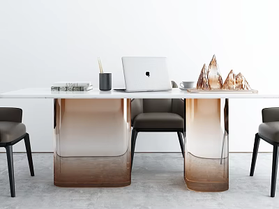 Modern Dining Table Set With Copper Gradient Legs White Top Laptop Books And Decorative Ornaments 3d model