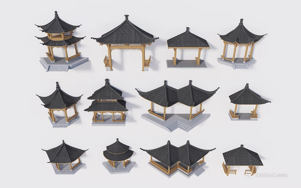 Chinese Traditional Architectural Components With Various Pagoda Roof Styles And Wooden Frames 3d model 