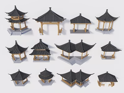 Chinese Traditional Architectural Components With Various Pagoda Roof Styles And Wooden Frames 3d model