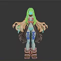 Anime Woman with Long Black Hair Orange Black Outfit Red Leg Patterns and Boots