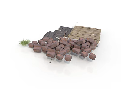 Modern Patio Area With Brown Blocks Black Stone Slabs Wooden Planks And Grass 3d model