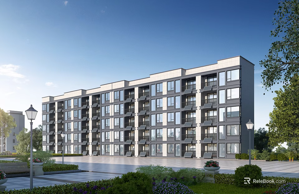 Modern Apartment Building Exterior With Multiple Floors Large Windows Green Landscaping And Street Lamps 3d model 