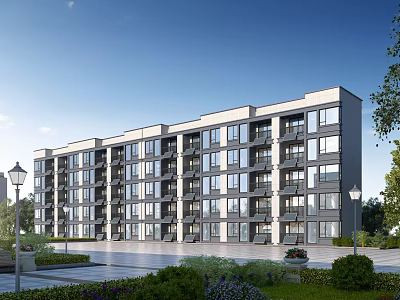 Modern Apartment Building Exterior With Multiple Floors Large Windows Green Landscaping And Street Lamps 3d model