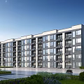 Modern Apartment Building Exterior With Multiple Floors Large Windows Green Landscaping And Street Lamps