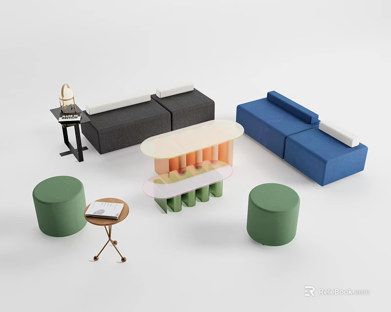 Contemporary Black Blue Sofa And Coffee Table Set With Green Stools And Side Table 3d model
