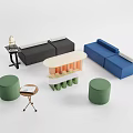 Contemporary Black Blue Sofa And Coffee Table Set With Green Stools And Side Table 3d model