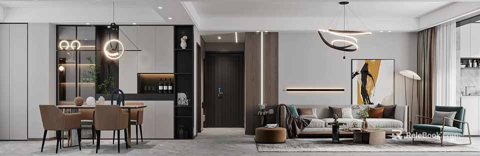 Modern Living Dining Room Interior Design With Sofa Coffee Table Dining Table And Lighting 3d model