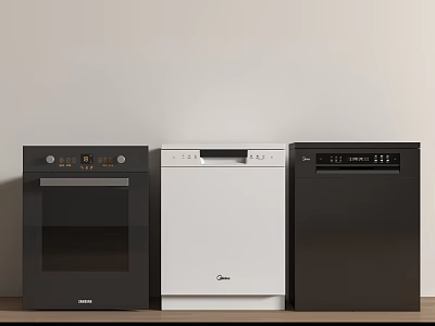Modern Kitchen Appliances Black Oven White Dishwasher And Black Refrigerator On Wooden Countertop 3d model