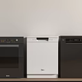 Modern Kitchen Appliances Black Oven White Dishwasher And Black Refrigerator On Wooden Countertop