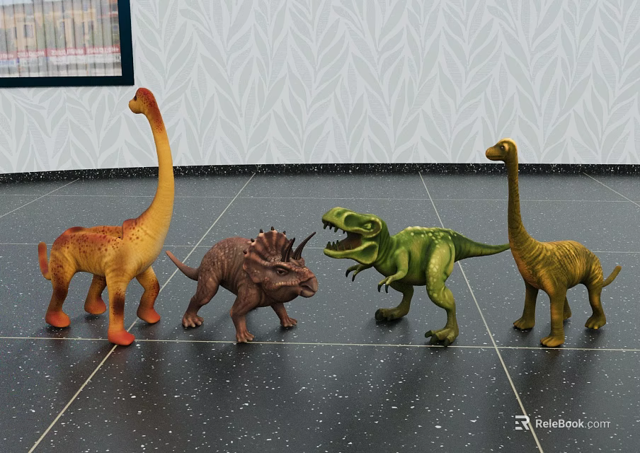 Colorful Dinosaur Toys Various Species On Dark Spotted Floor With Leaf Pattern Wallpaper 3d model 