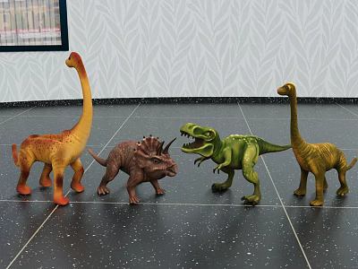 Colorful Dinosaur Toys Various Species On Dark Spotted Floor With Leaf Pattern Wallpaper 3d model