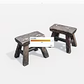 Two Vintage Wooden Stools with Worn Surface on White Background 3d model