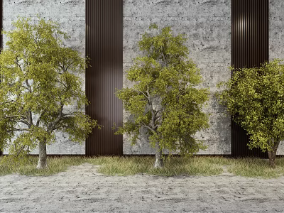 Three Trees Before Gray Stone Wall With Dark Vertical Stripes Sandy Ground and Grass 3d model