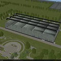 Modern Industrial Factory Building with Green Landscaping Glass Facade and Trees