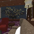 Elegant Café Interior With Orange Chandeliers Purple Patterned Carpet Red Beige Sofas And Wooden Screens