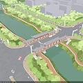 Aerial View of Traditional Style Bridge Over River With Roads Trees and Buildings