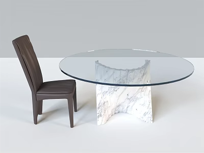 Round Glass Top Dining Table With Marble Base And Dark Leather Chair 3d model
