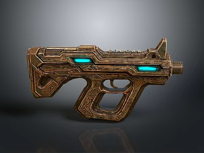 Sci Fi Weapon Design With Golden Intricate Carvings And Blue Glowing Elements 3d model