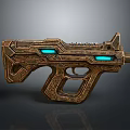 Sci Fi Weapon Design With Golden Intricate Carvings And Blue Glowing Elements