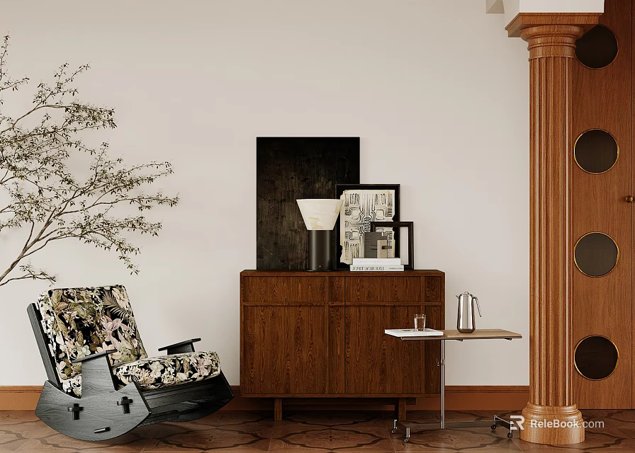 Floral Patterned Leisure Chair With Wooden Cabinet Small Side Table Decorative Painting And Potted Plant 3d model 