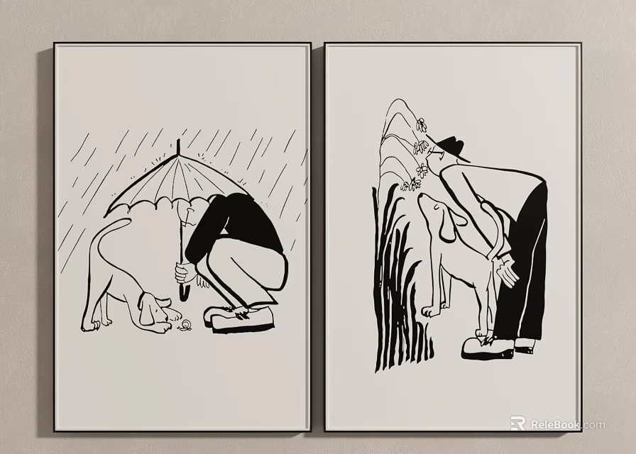 Two Panel Black And White Line Art Decorative Wall Art With People And Animals 3d model 