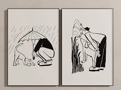 Two Panel Black And White Line Art Decorative Wall Art With People And Animals 3d model