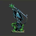 Man in Blue Robe Holding Green Glowing Object and Scythe on Green Base Sculpture
