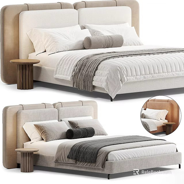 Modern Double Bed With Upholstered Headboard Pillows Blanket And Wooden Nightstand 3d model 