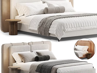 Modern Double Bed With Upholstered Headboard Pillows Blanket And Wooden Nightstand 3d model