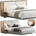 Modern Double Bed With Upholstered Headboard Pillows Blanket And Wooden Nightstand