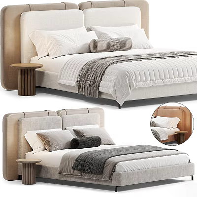 Modern Double Bed With Upholstered Headboard Pillows Blanket And Wooden Nightstand 3d model