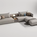 Light Gray Sectional Sofa With Various Colored Throw Pillows Side Table Lamp And Ottoman Blanket 3d model